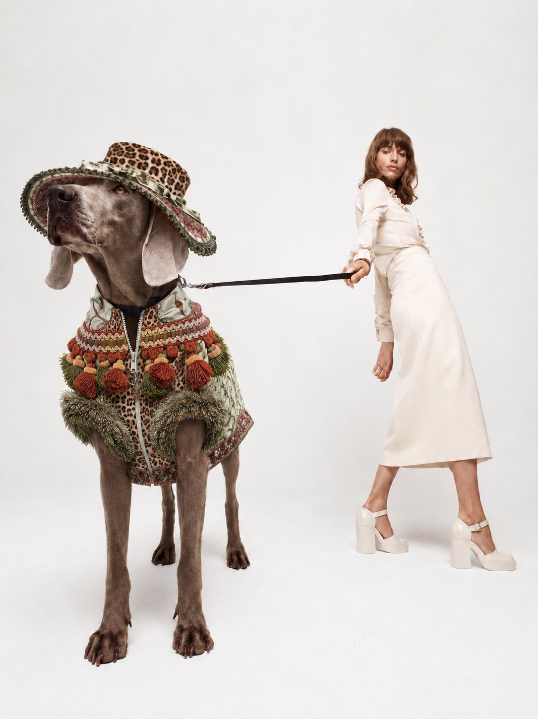 A Weimaraner in a PAWSH Hat and couture jacket, walked by a model